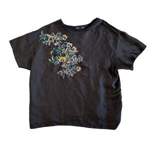 Zara Womens Small Black Short Sleeve Top With Floral Embroidery